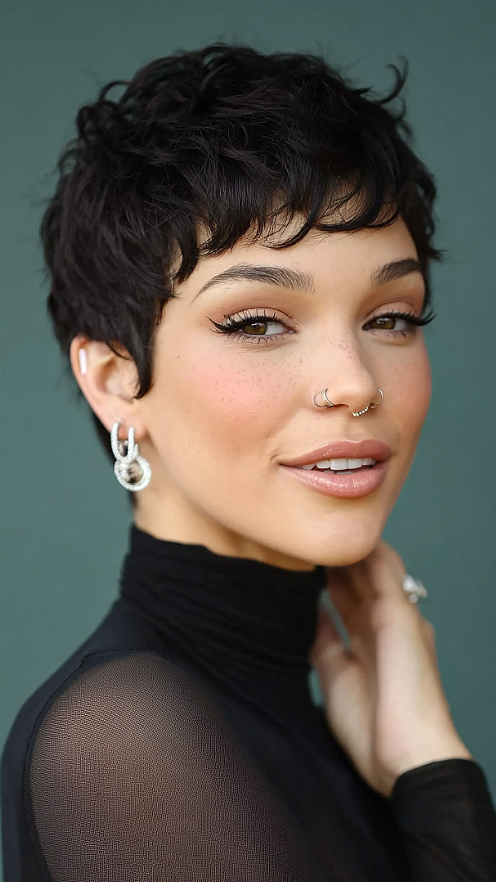 Jet-Black Tousled Pixie with Curly Bangs