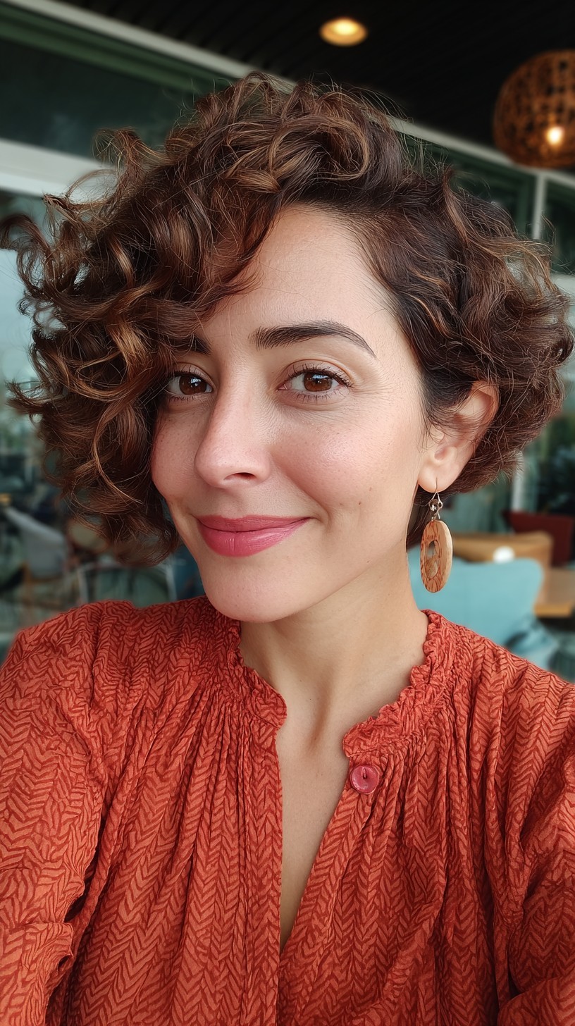 Lustrous Caramel Curly Bob with Defined Spirals