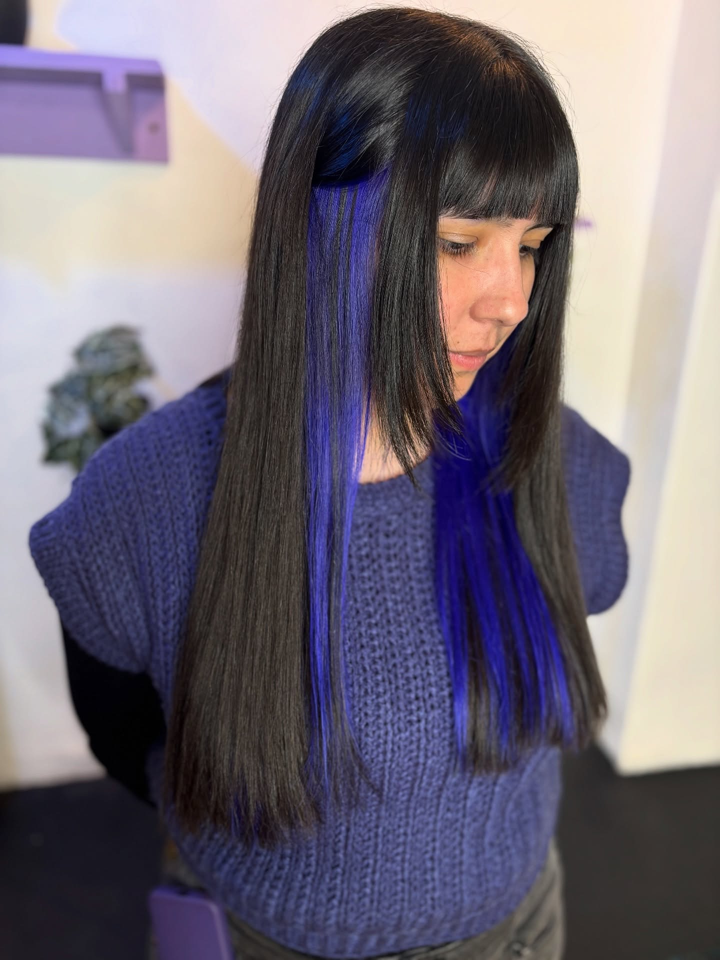 Modern Hime Cut with Vibrant Blue Streaks