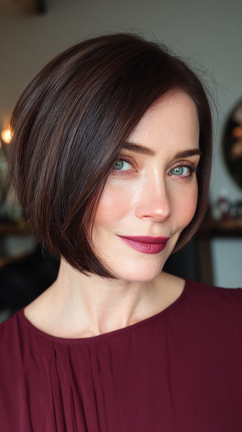 Polished Espresso Bob with Side-Swept Bangs