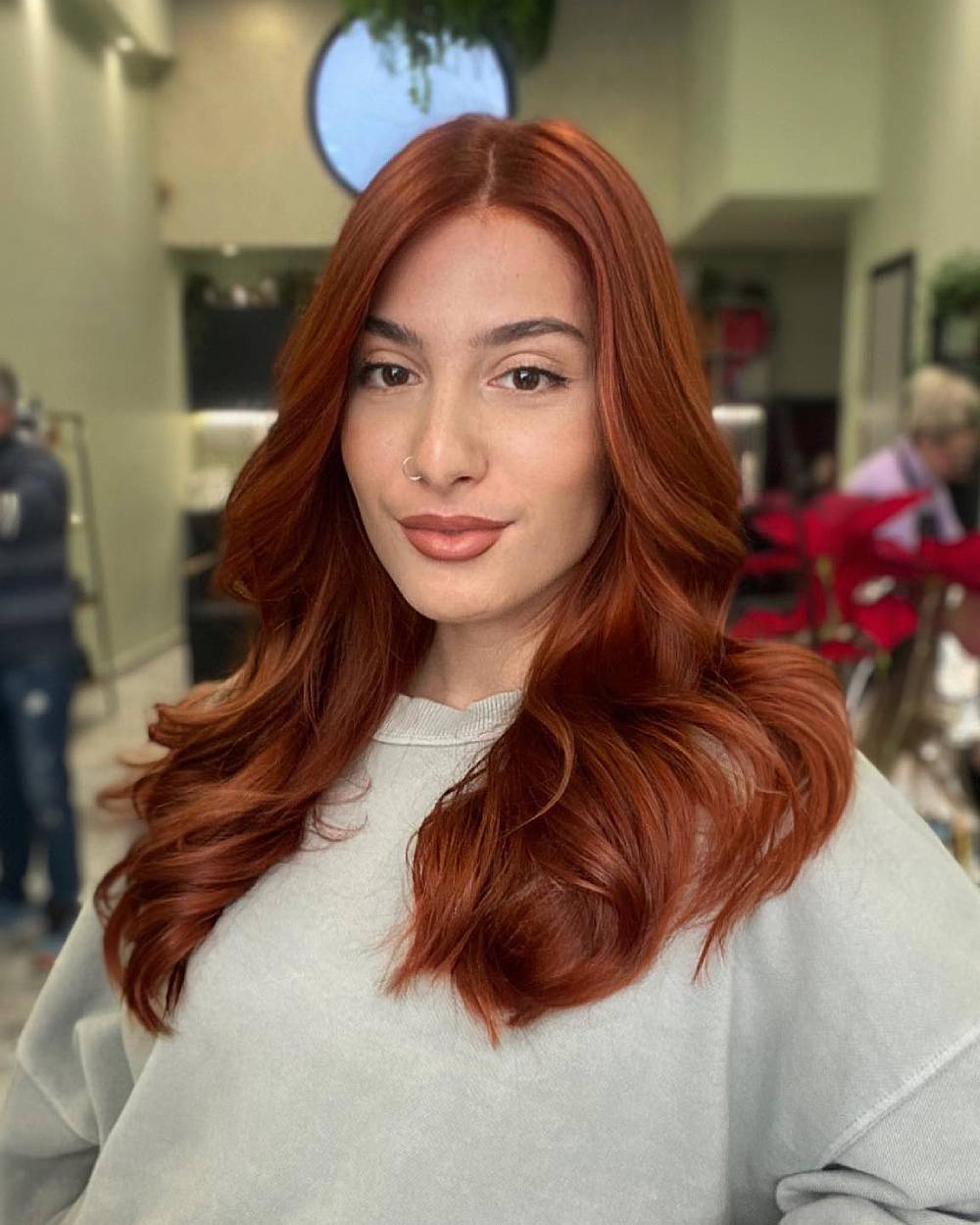 Radiant Deep Copper Long Layers with Soft Waves