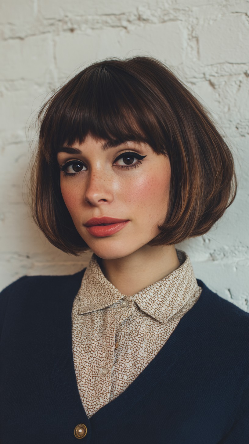 Retro-Inspired Brunette Bob with Bangs
