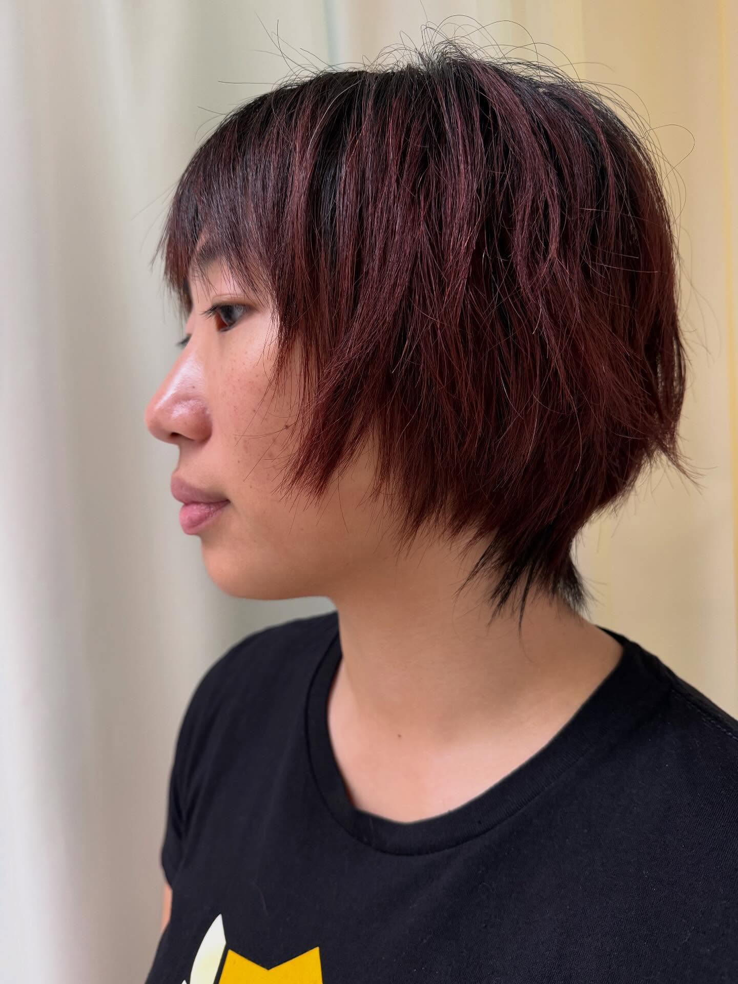 Rich Burgundy Textured Wolfcut with Full Fringe