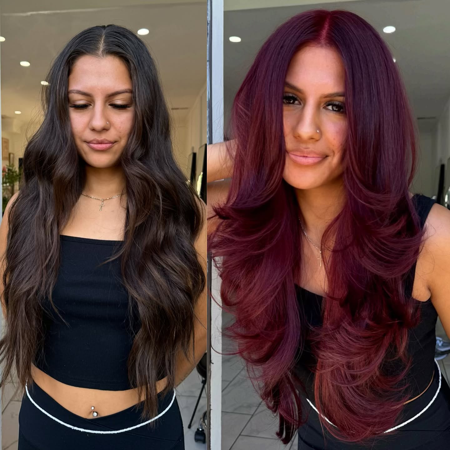 Rich Burgundy Transformation on Long Layered Locks