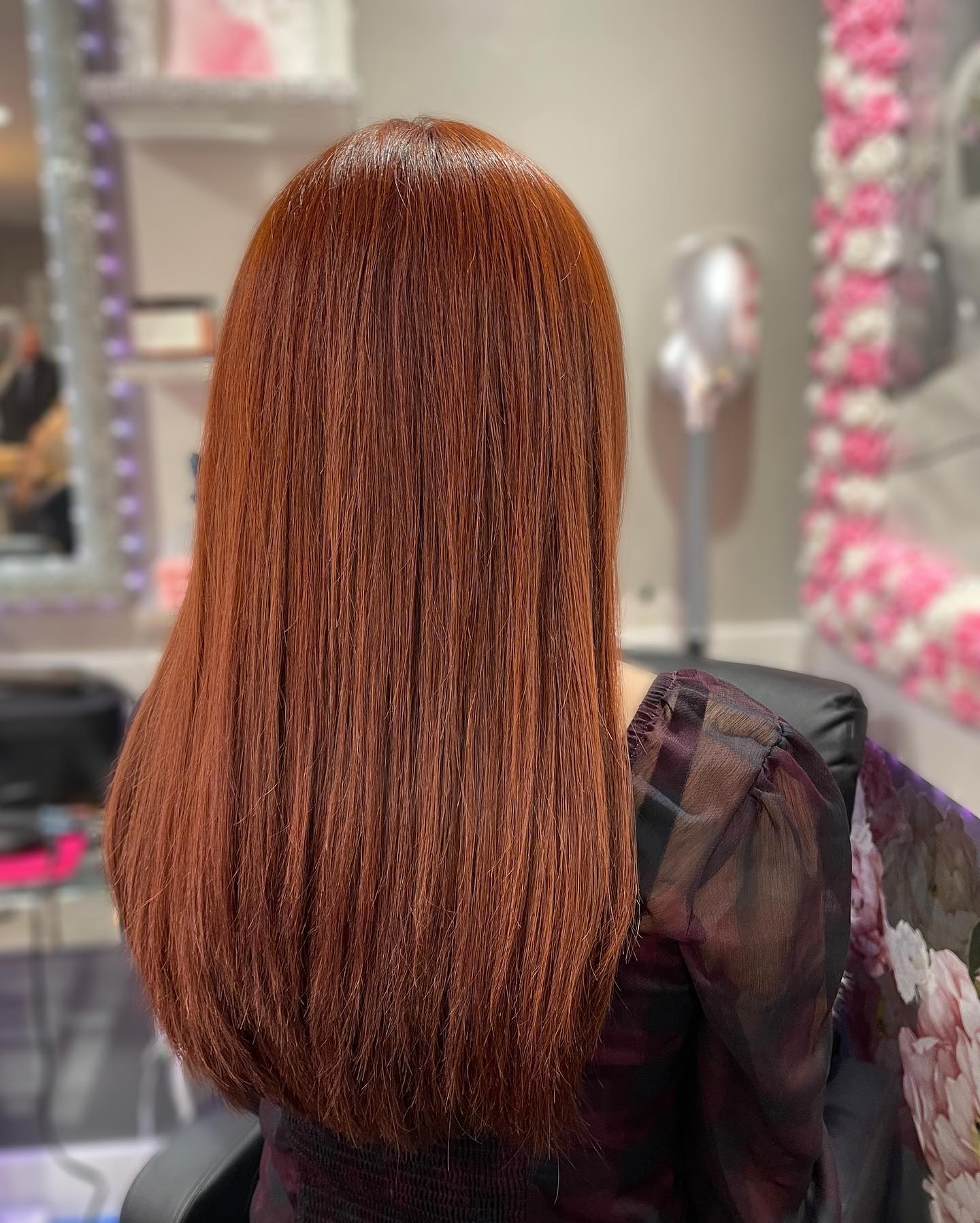 Sleek Deep Copper Long Layers with Glossy Finish