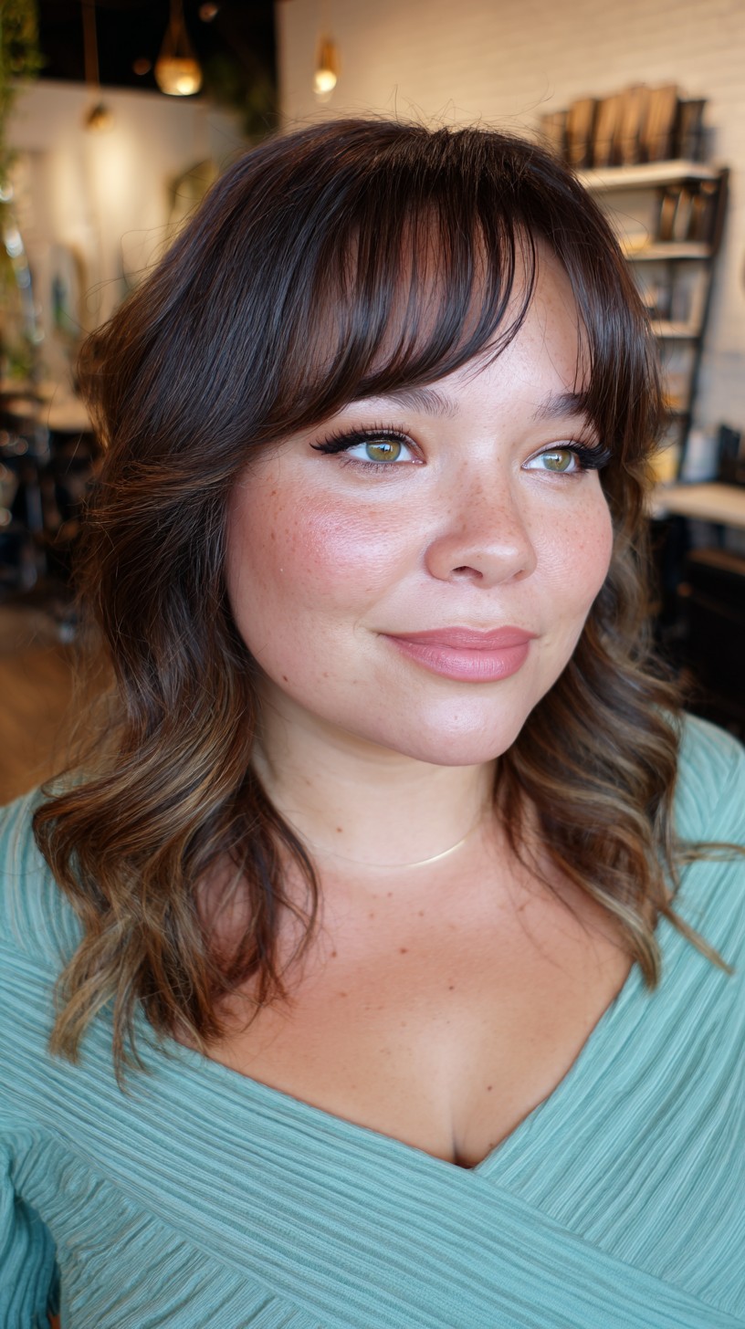 Soft Brunette Curls with Contoured Side Bangs