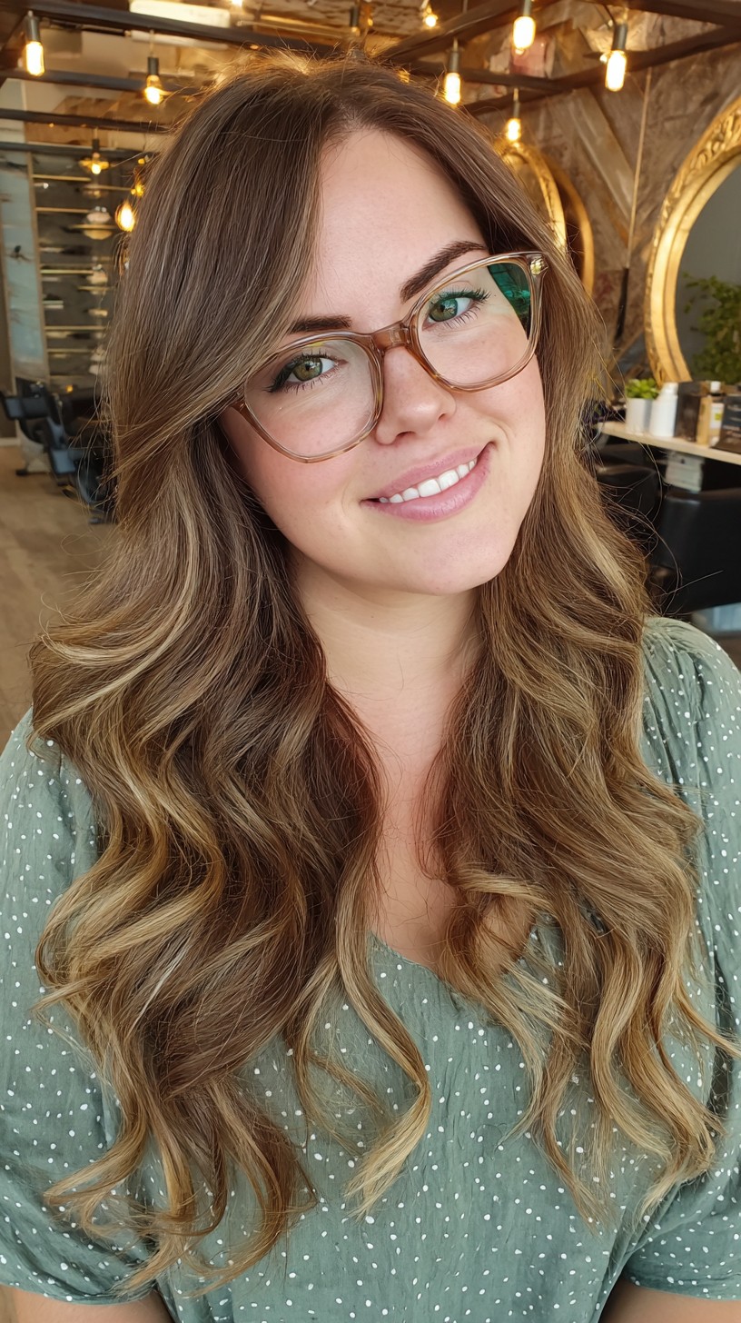 Soft Brunette Waves with Gentle Side Bangs
