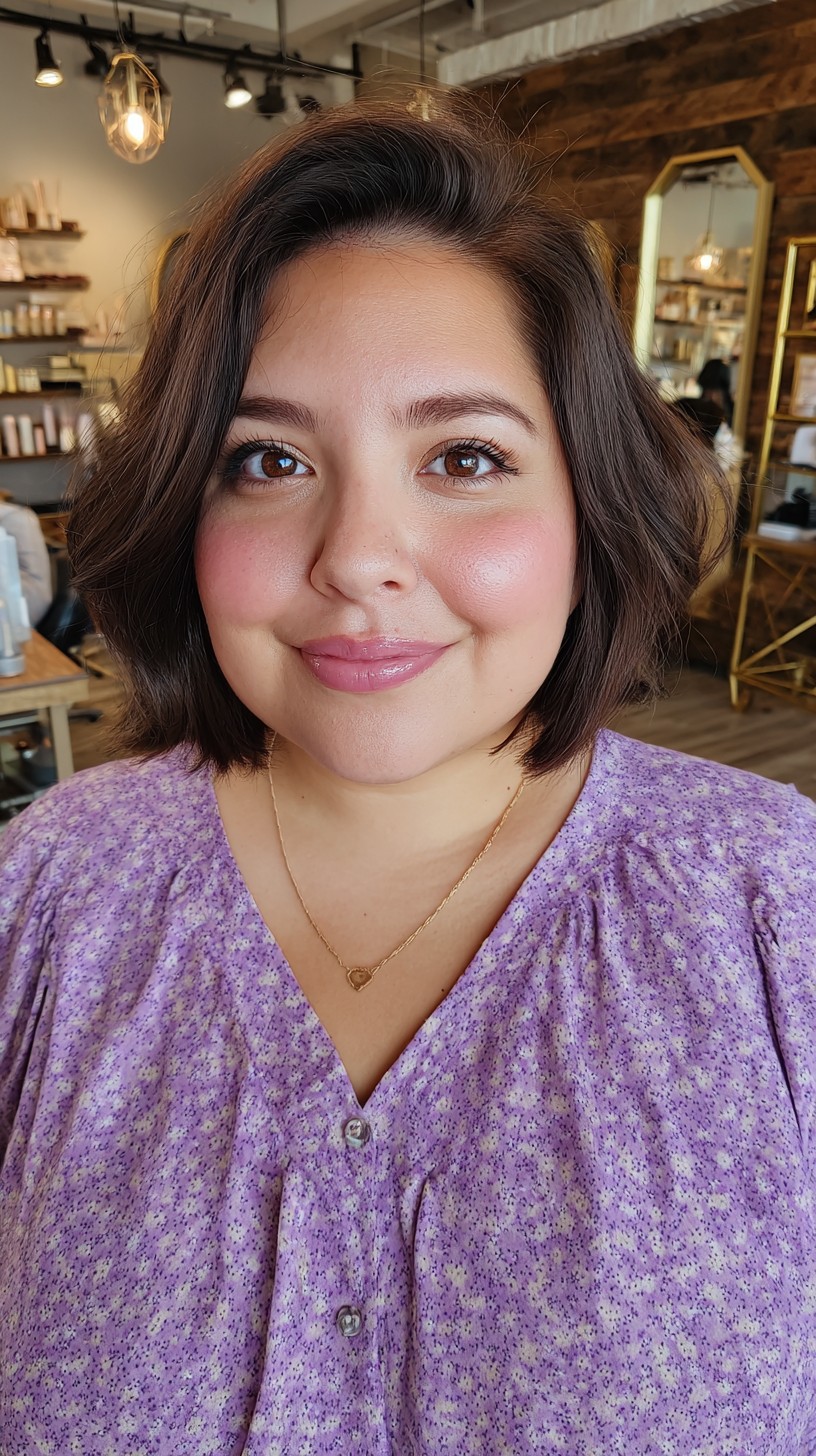 Soft Chestnut Wavy Bob with Subtle Highlights