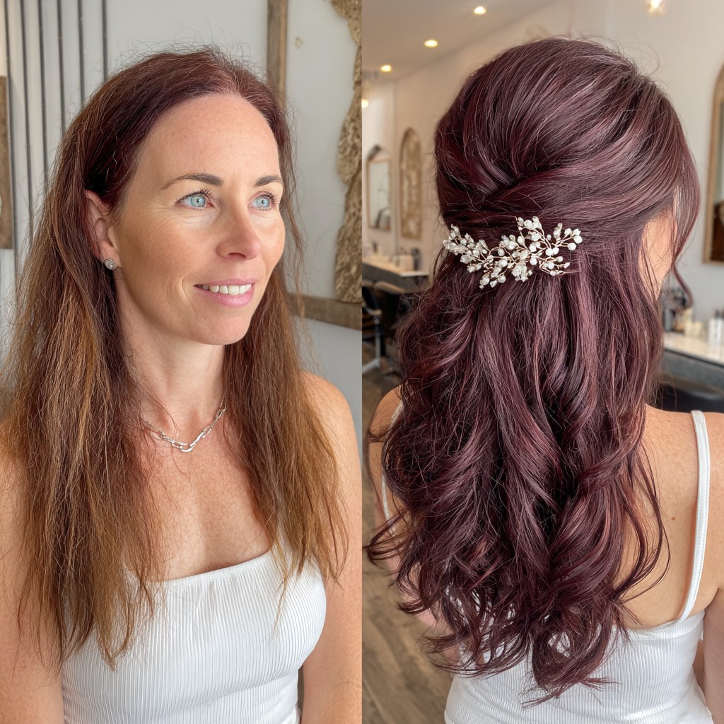 Stunning Burgundy Waves with Crystal Hairpiece
