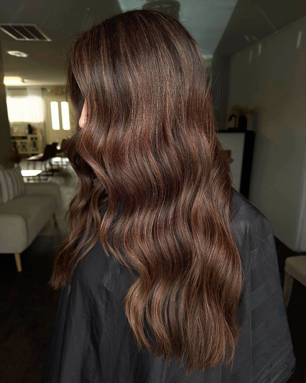 Textured Chocolate Brown Waves with Caramel Highlights