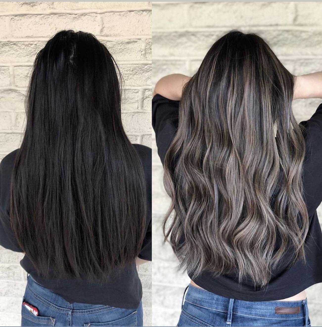 Textured Long Black Hair with Ashy Balayage Highlights