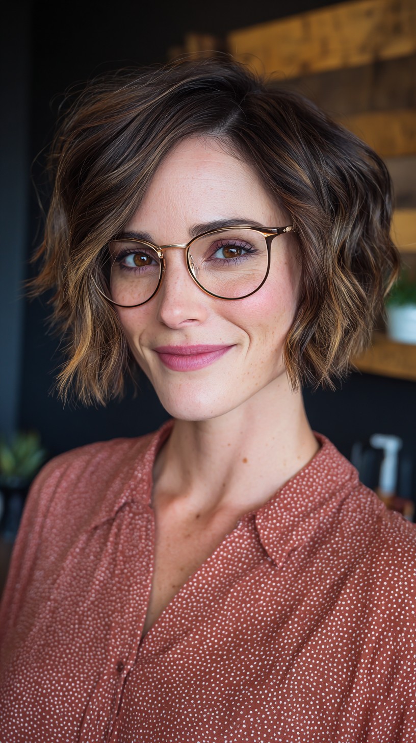 Tousled Chocolate Wavy Bob with Side Part