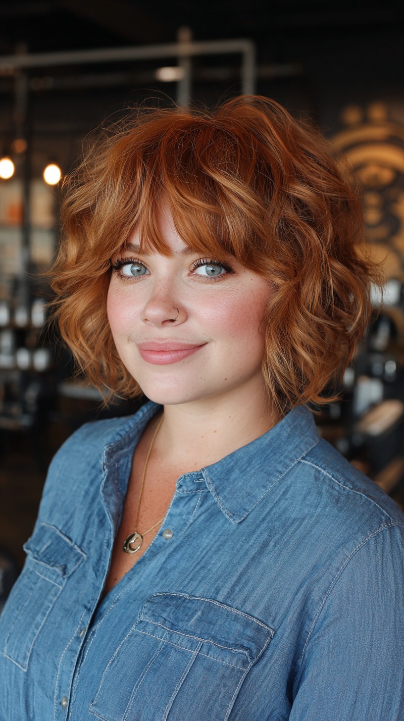 Vibrant Auburn Curly Bob with Feathered Bangs