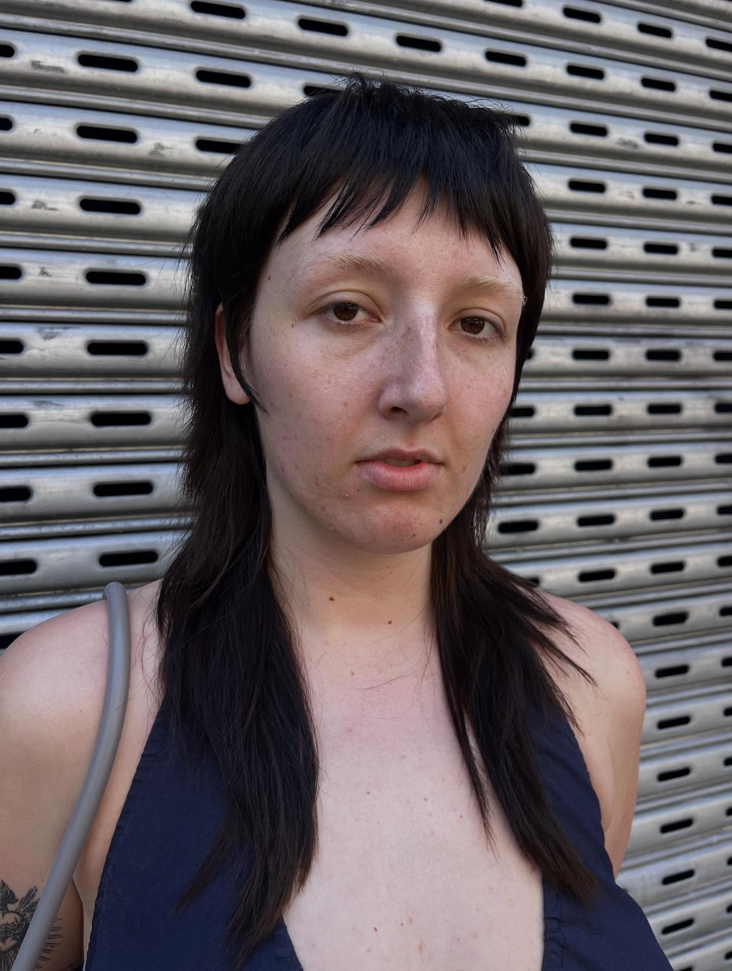 Black Textured Mullet with Blunt Bangs