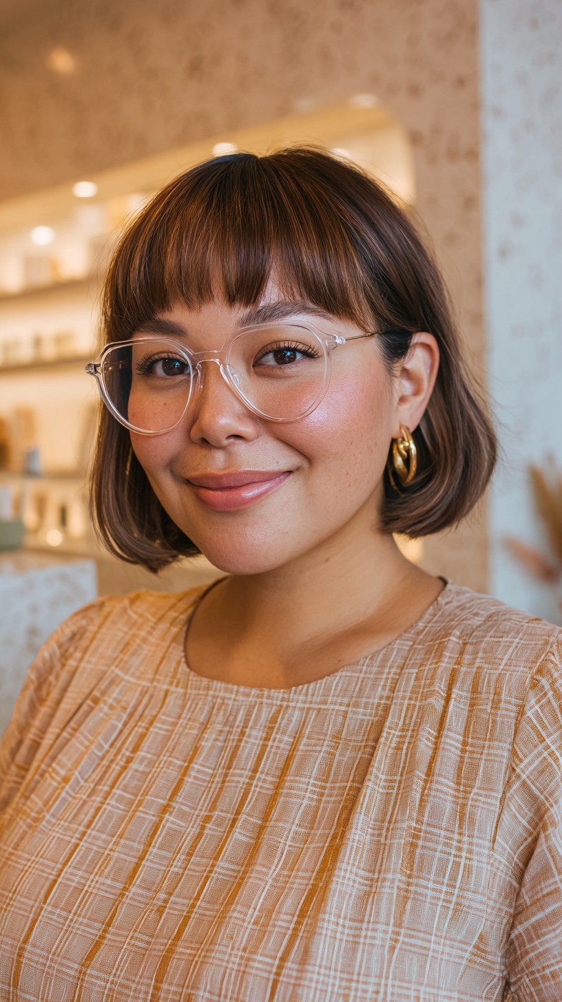 Chic Brunette Bob with Sleek Full Bangs