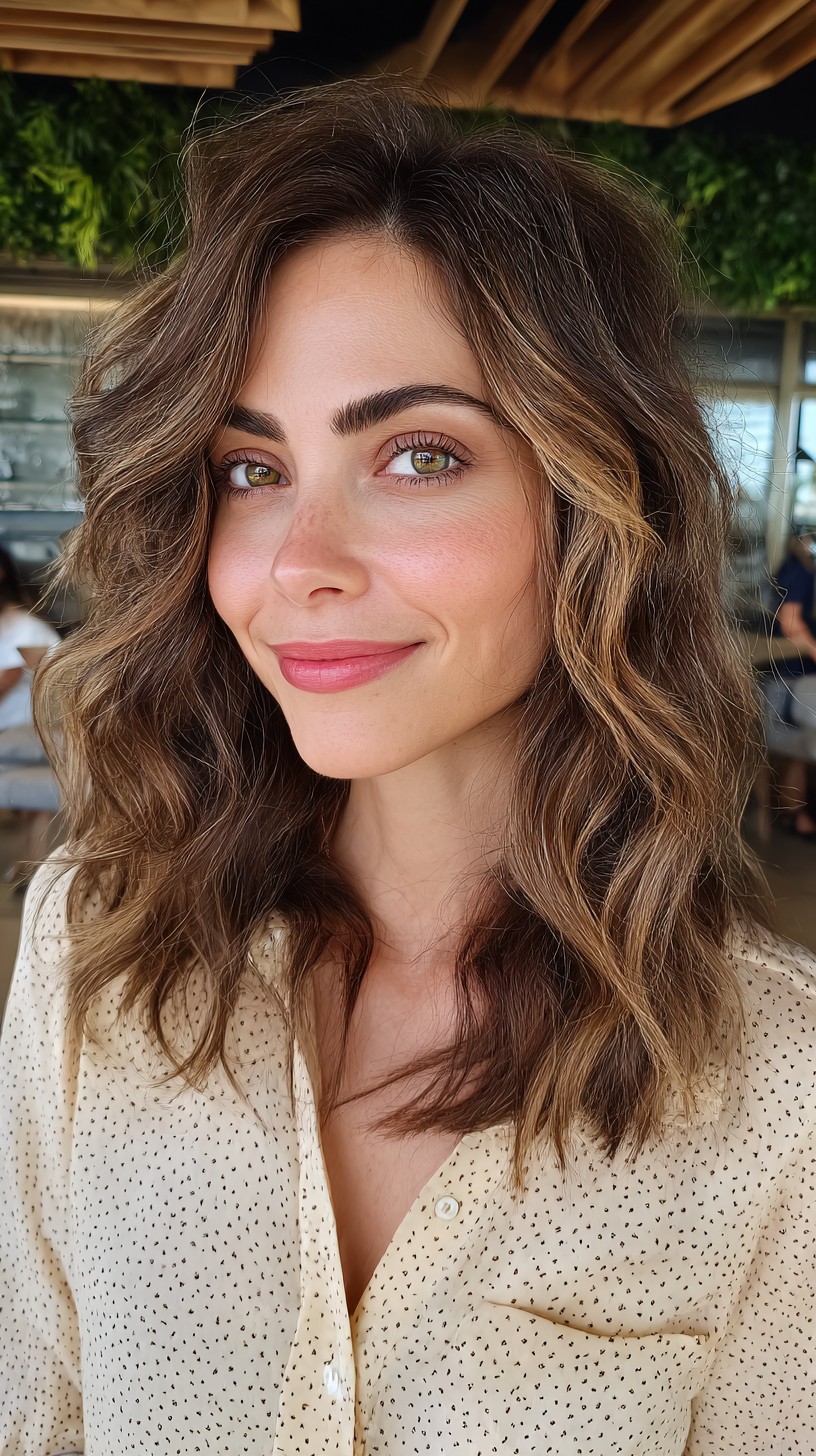 Chic Brunette Textured Waves with Seamless Layers