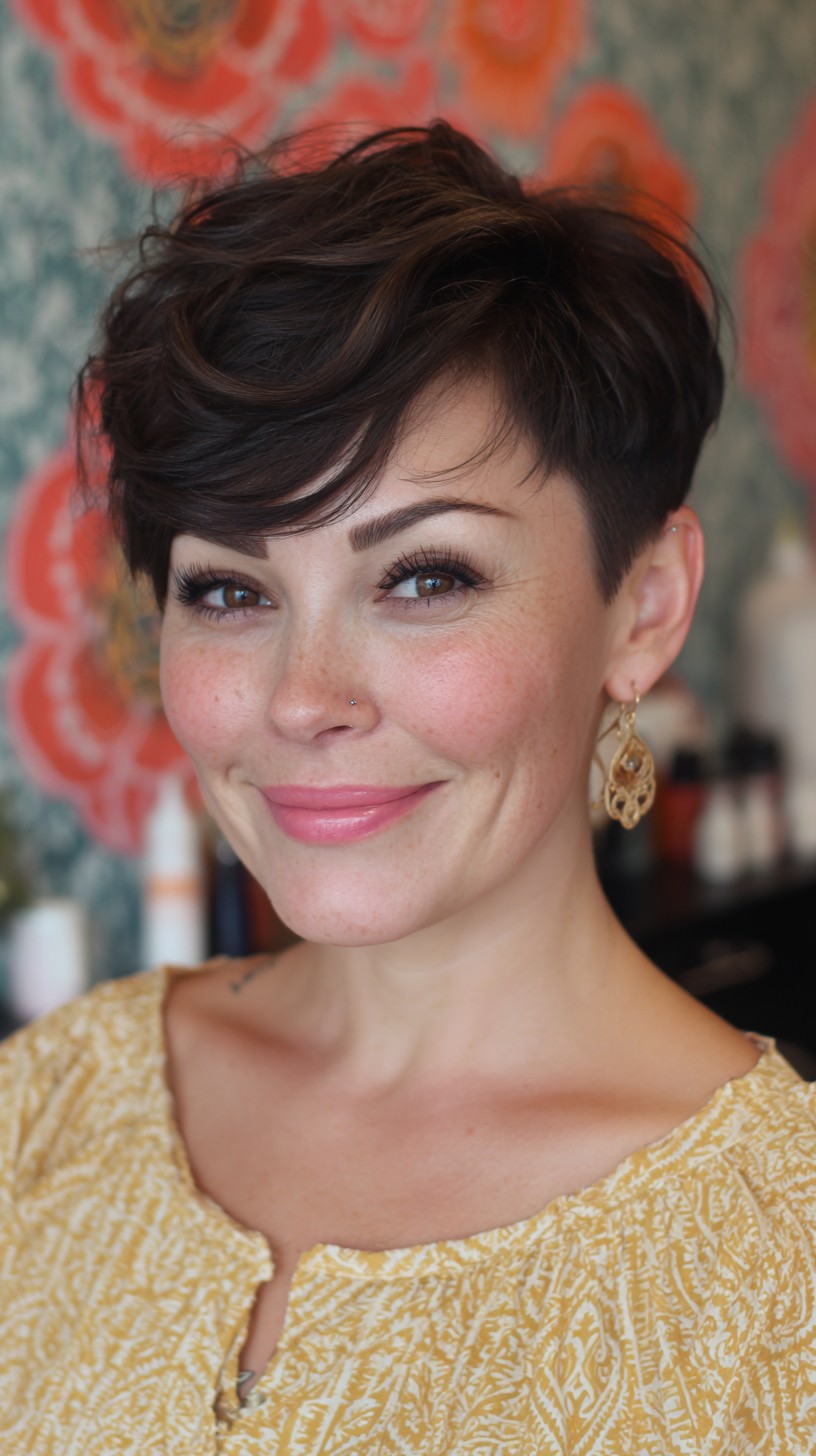 Corte pixie chique e despenteado cor café expresso com volume no topo.