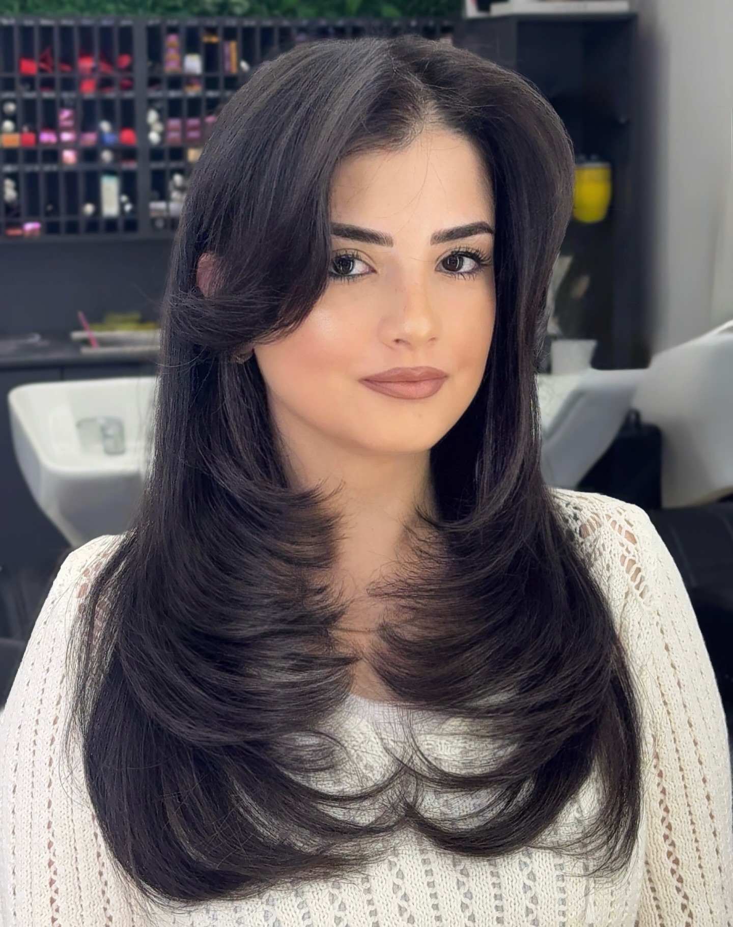 Chic Mocha Layers with Soft Curtain Bangs