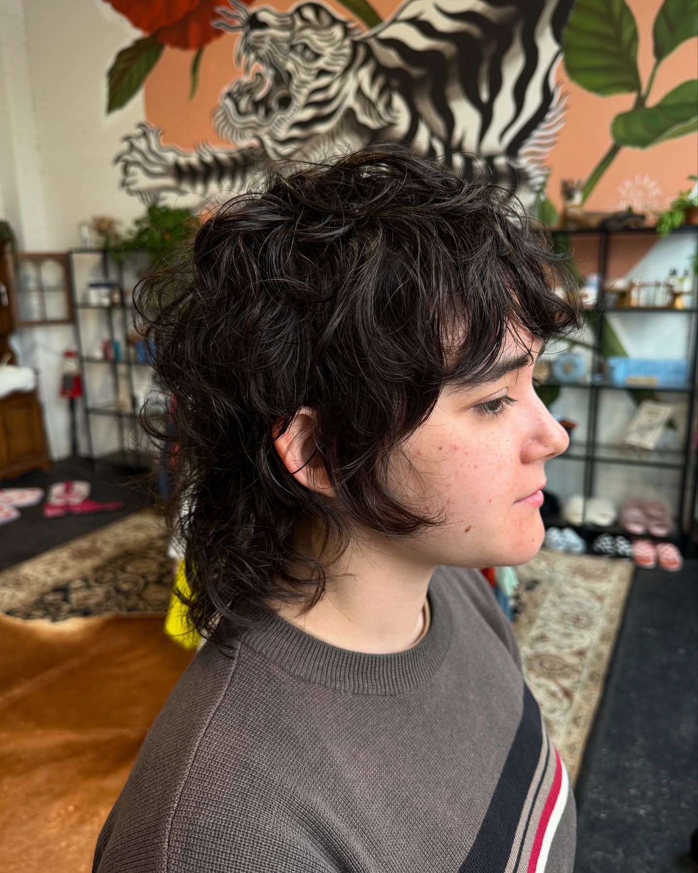 Dark Cascading Curly Mullet with Natural Texture