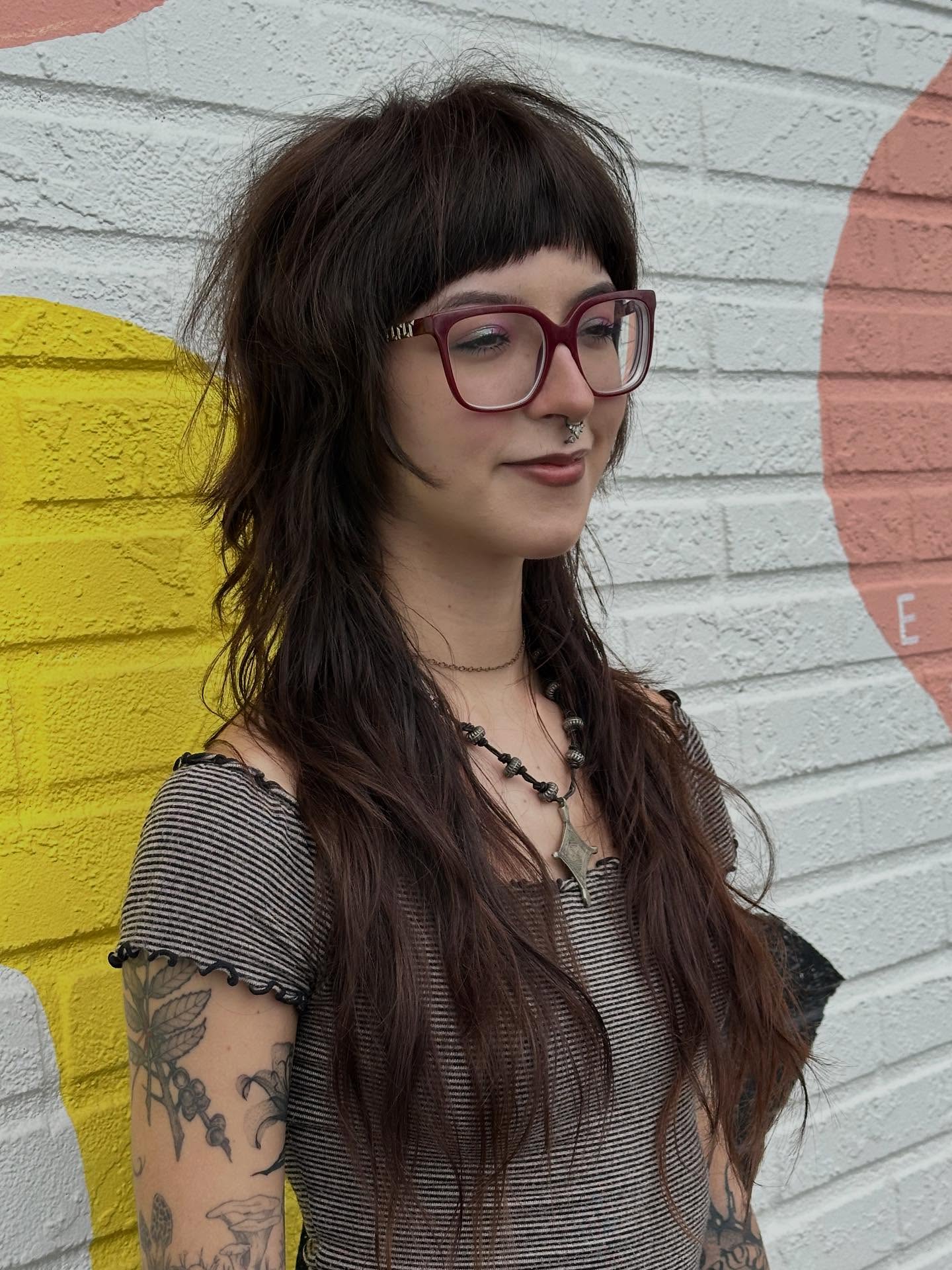 Deep Chestnut Layered Mullet with Micro Bangs
