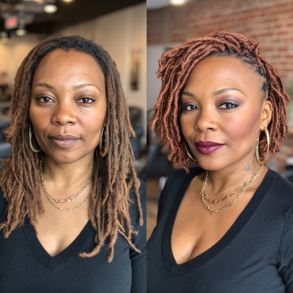 Dynamic Copper-Toned Short Dreads with Side-Swept Design
