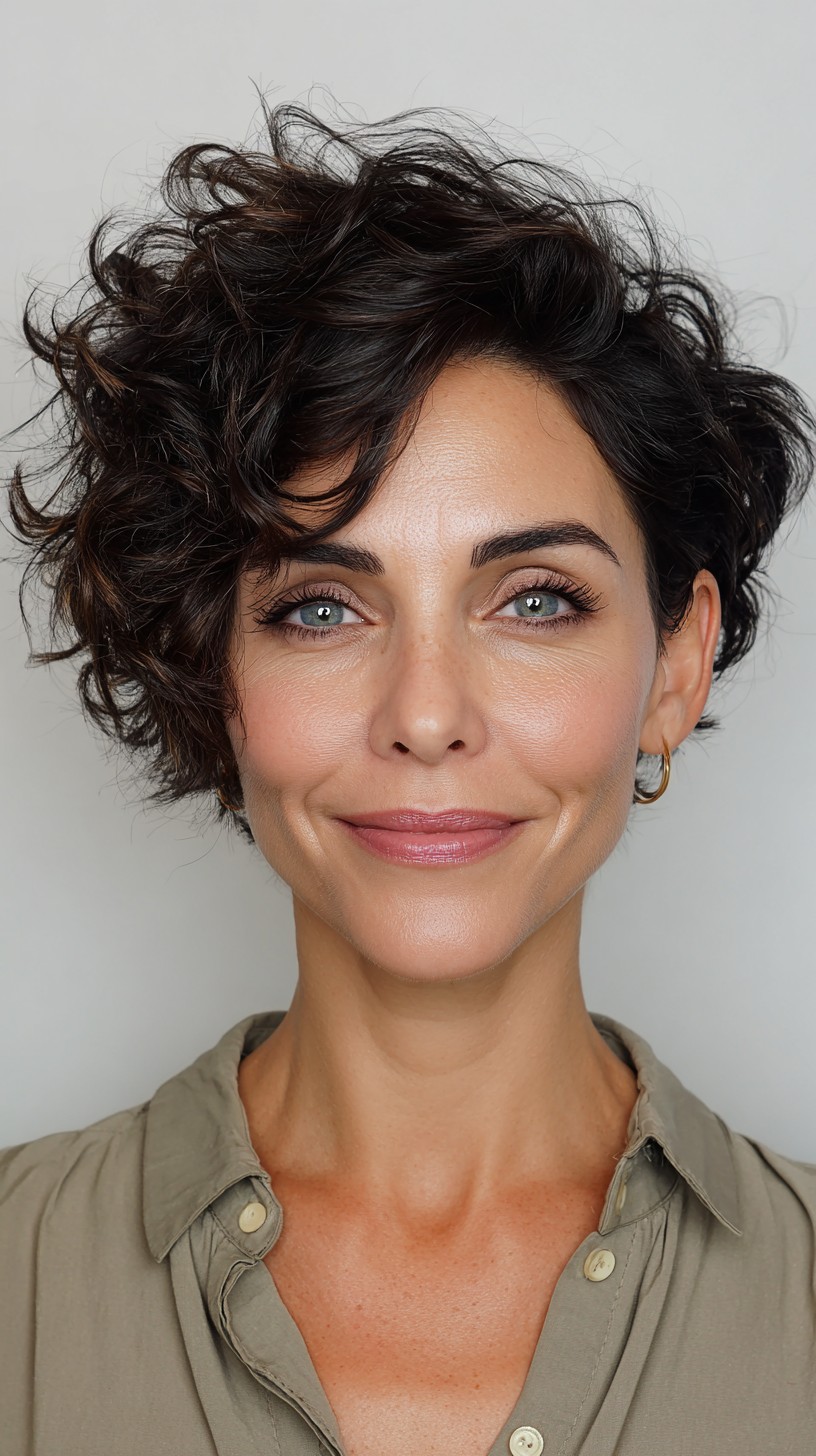 Corte pixie despenteado e dinâmico cor café expresso com cachos definidos.