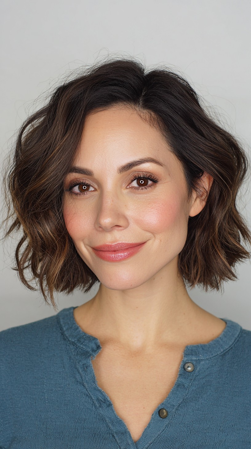 Corte bob castanho natural com ondas suaves