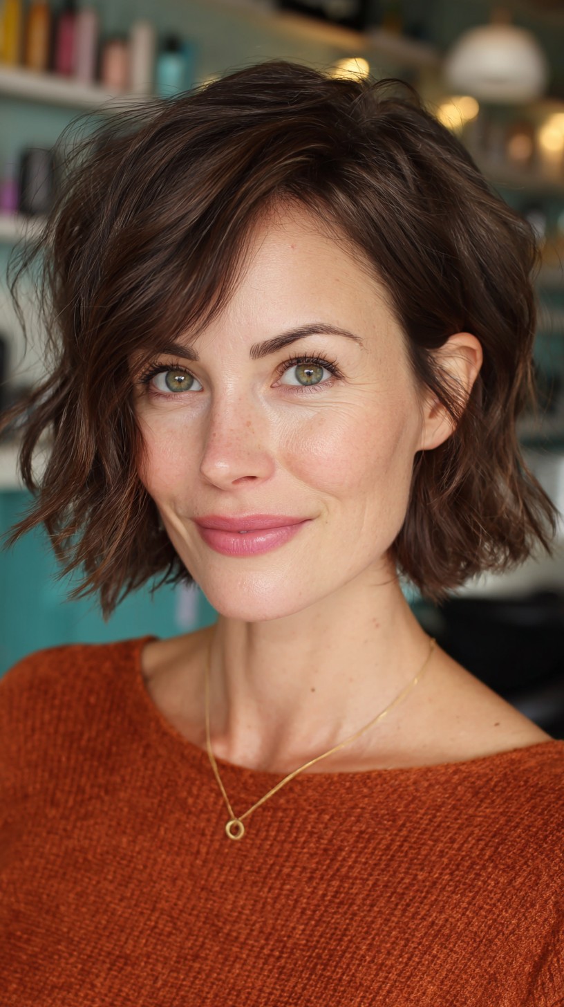 Bob castanho texturizado e divertido com ondas leves.