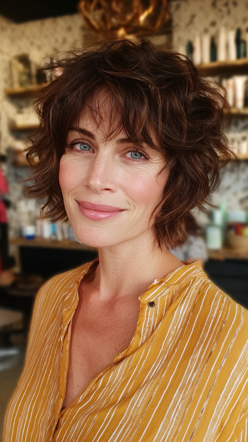 Corte curto castanho despenteado e divertido com mechas sutis.