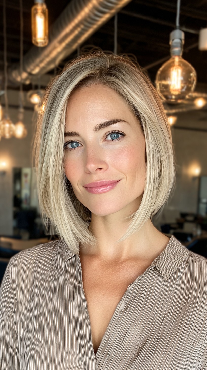 Polished Platinum Blonde Angled Bob