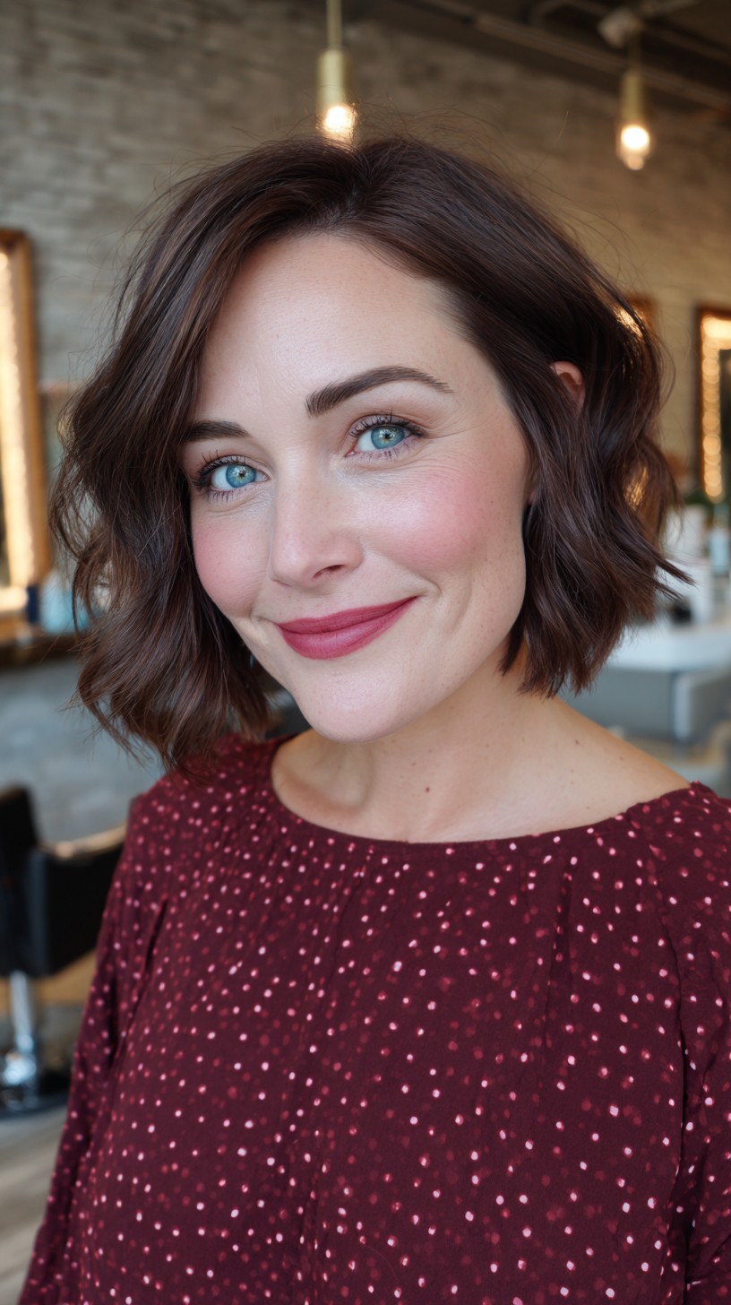 Bob ondulado cor de café expresso intenso com franja lateral.