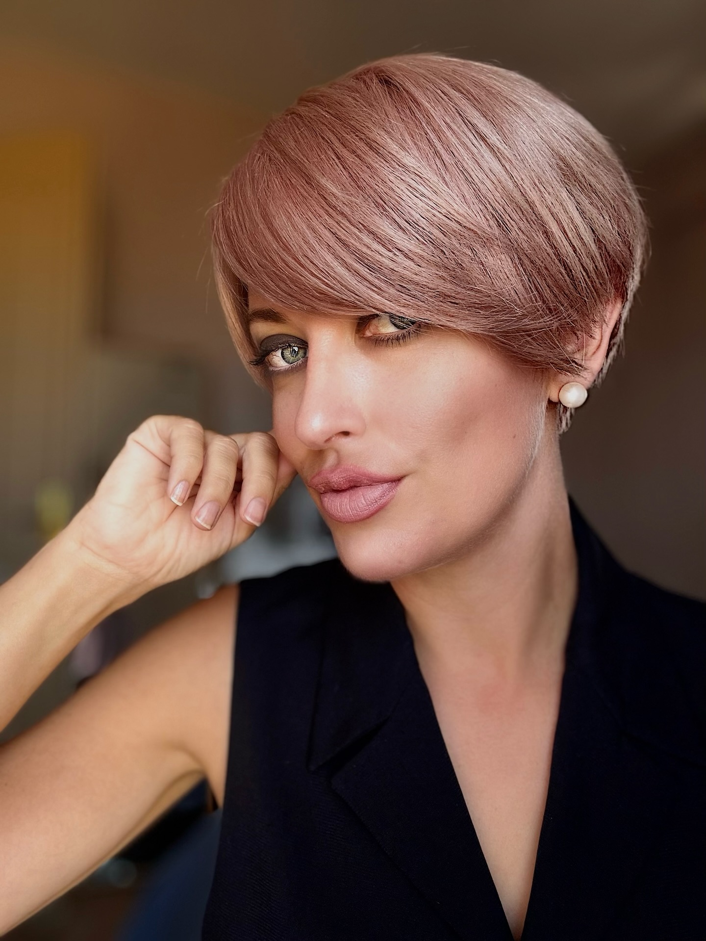 Rose-Gold Layered Pixie with Side-Sweep