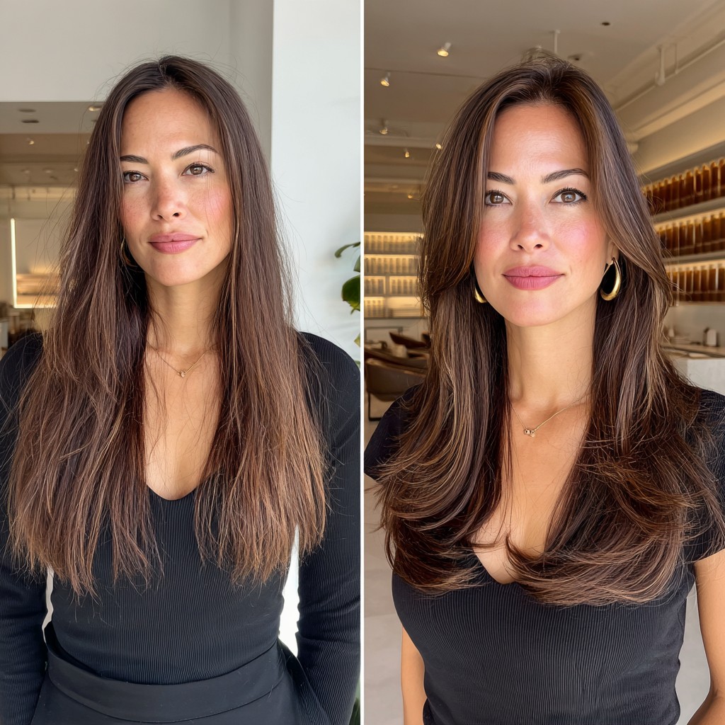 Soft Brunette Layers with Curtain Bangs for Round Faces