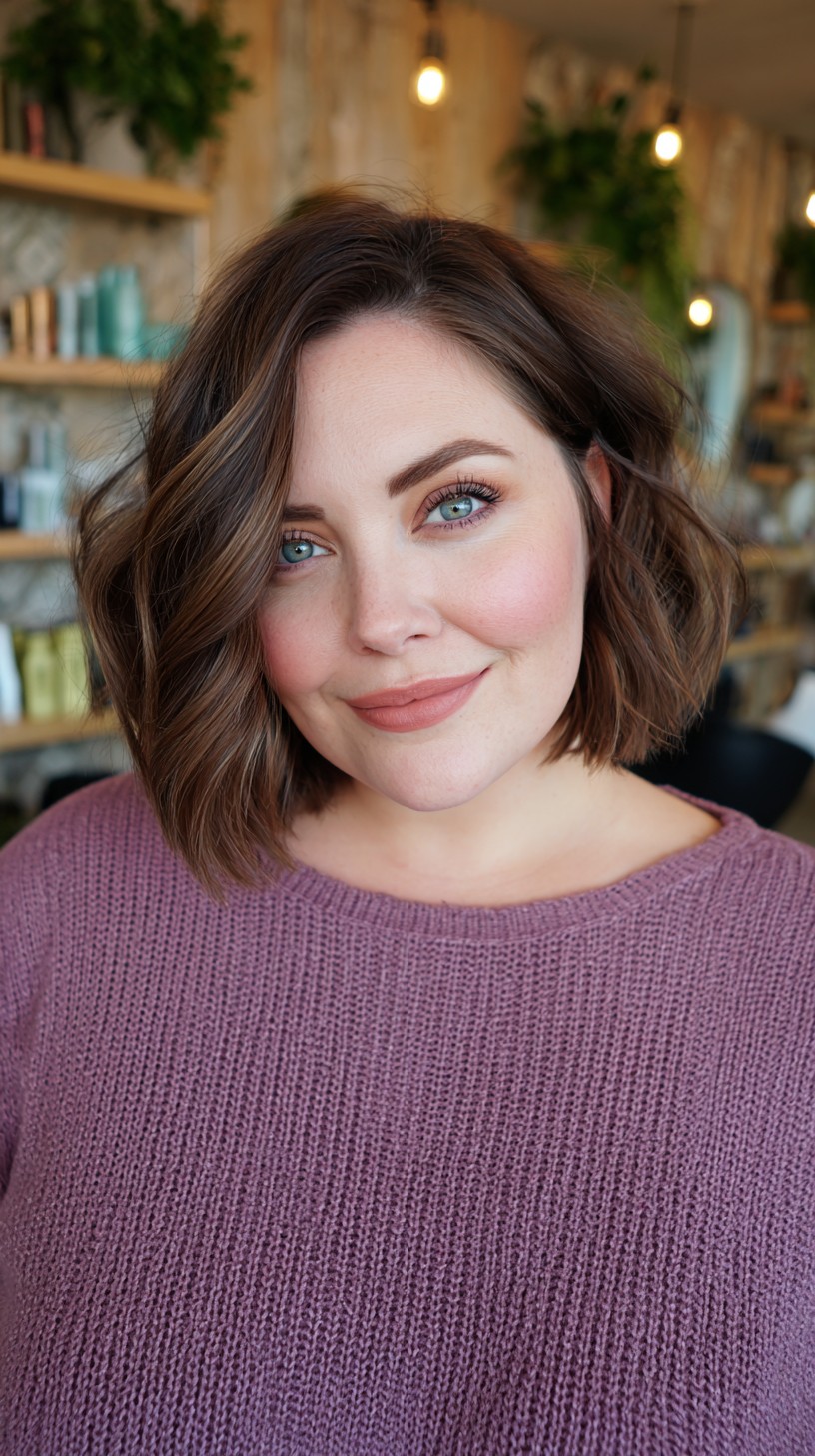 Soft Chestnut Wavy Bob with Subtle Highlights