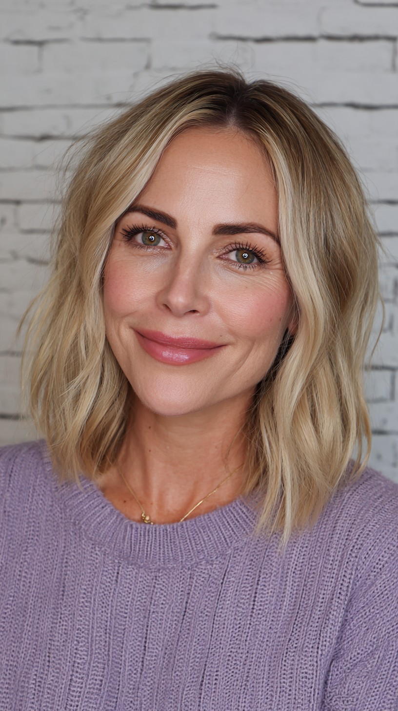 Soft Golden Blonde Layered Lob with Natural Roots