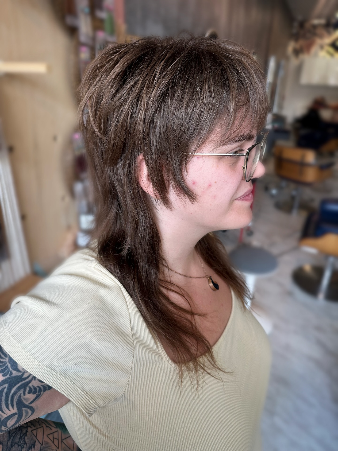 Softly Tapered Chestnut Mullet with Textured Fringe