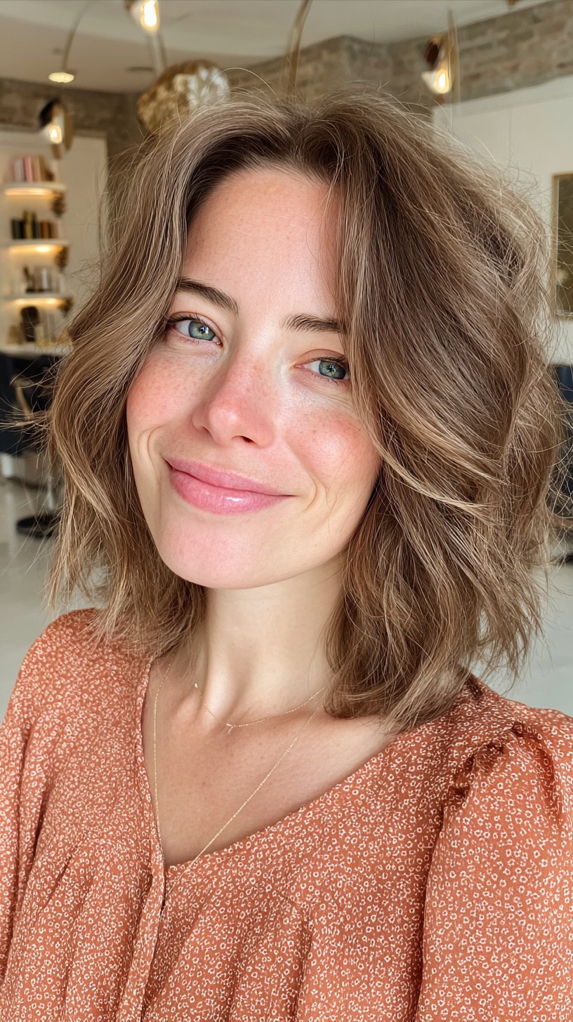 Bob texturizado castanho acinzentado com ondas naturais