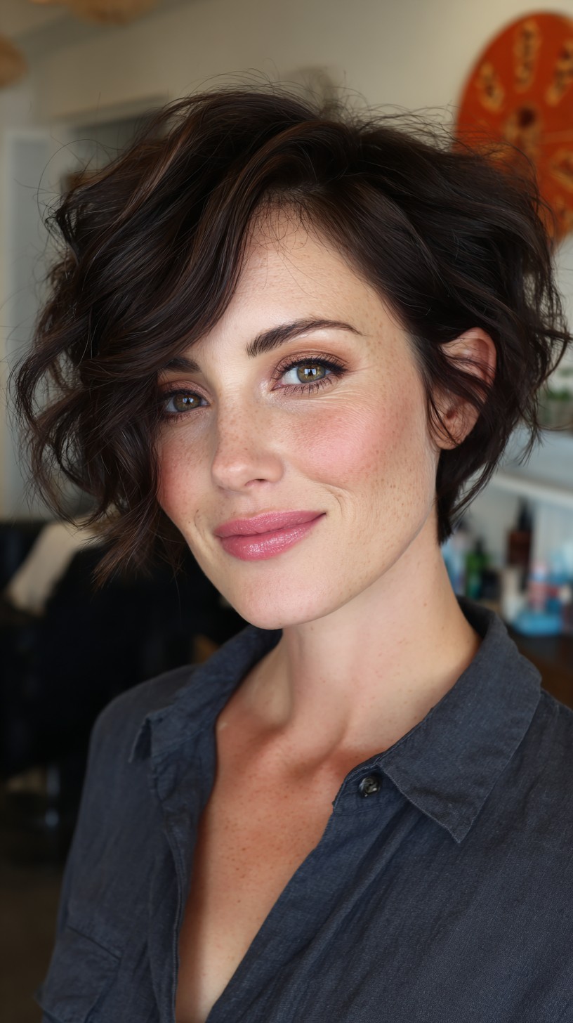 Bob castanho despenteado com suaves mechas peek-a-boo