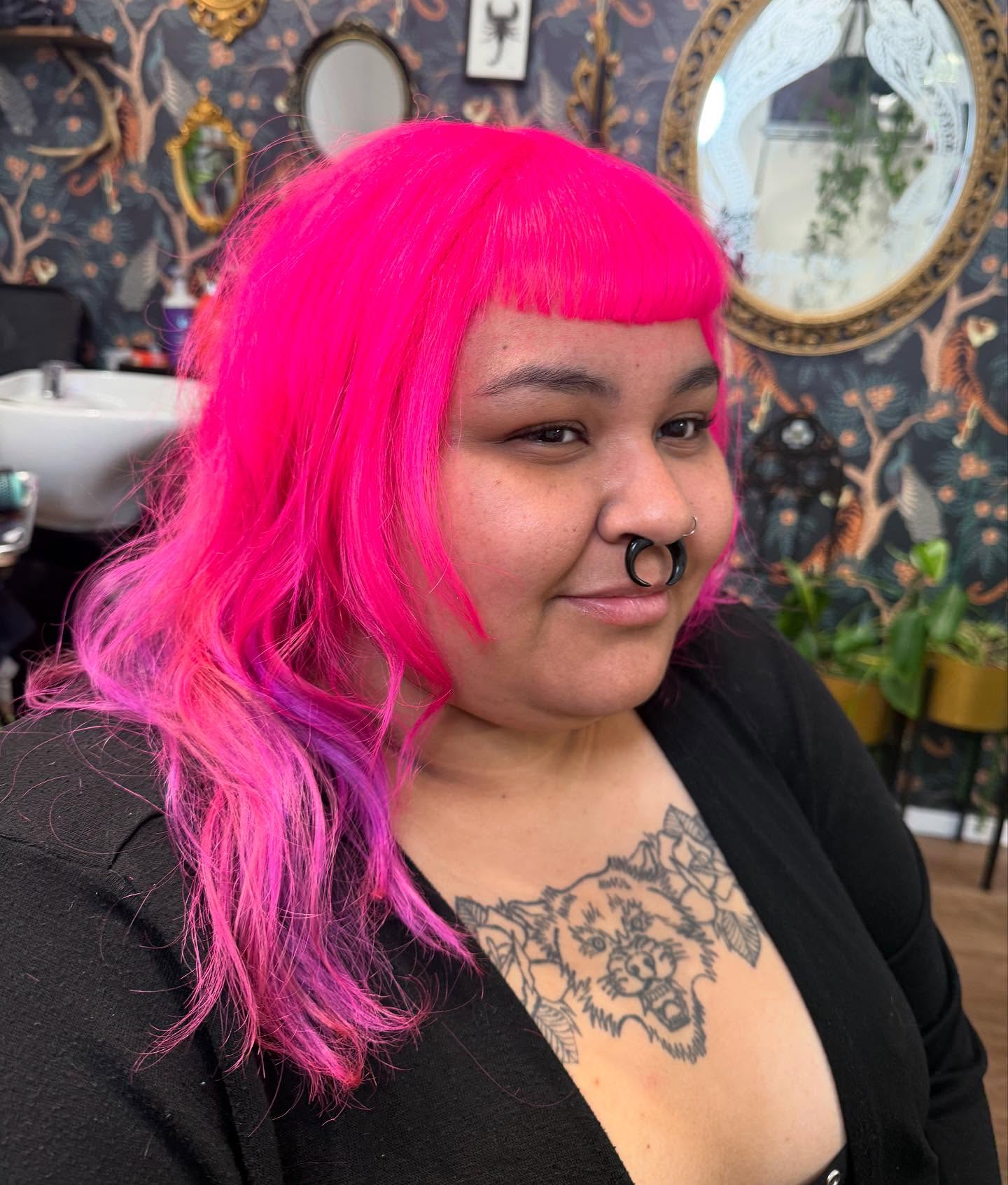Vibrant Pink Waves with Sleek Micro Bangs