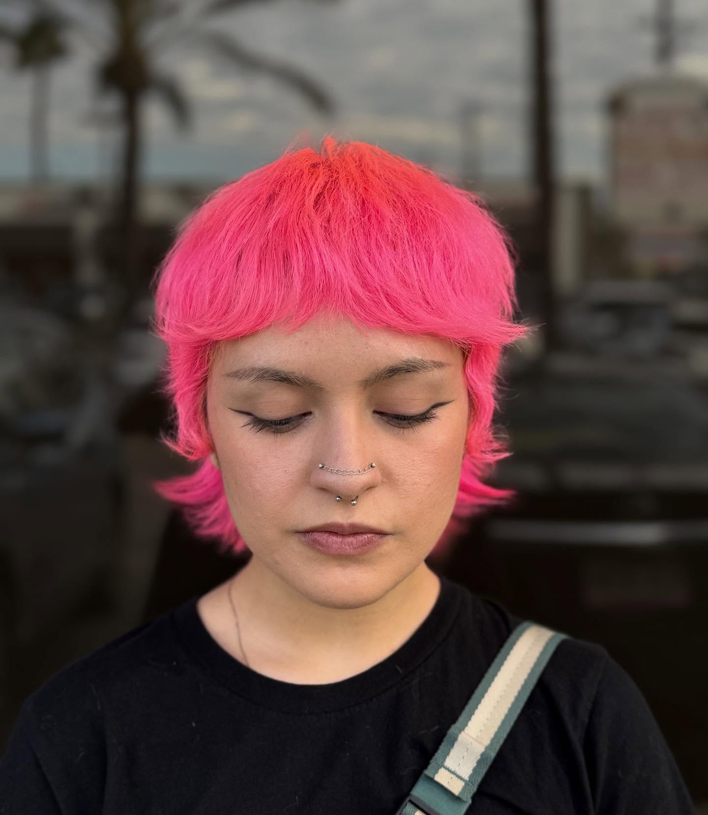 Vivid Pink Textured Mullet with Feathered Edges