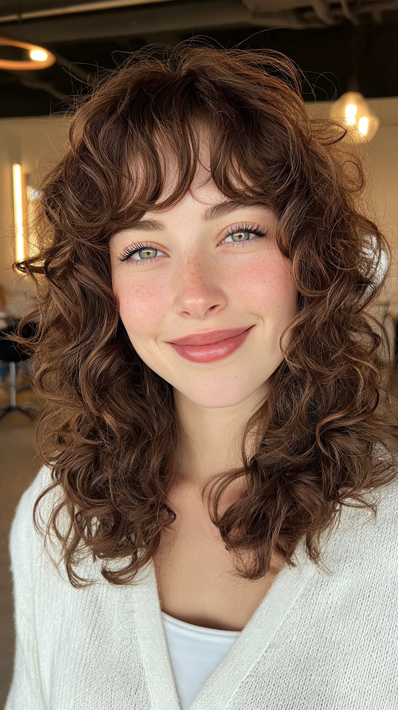 Bouncy Layered Curly Hair with Bangs