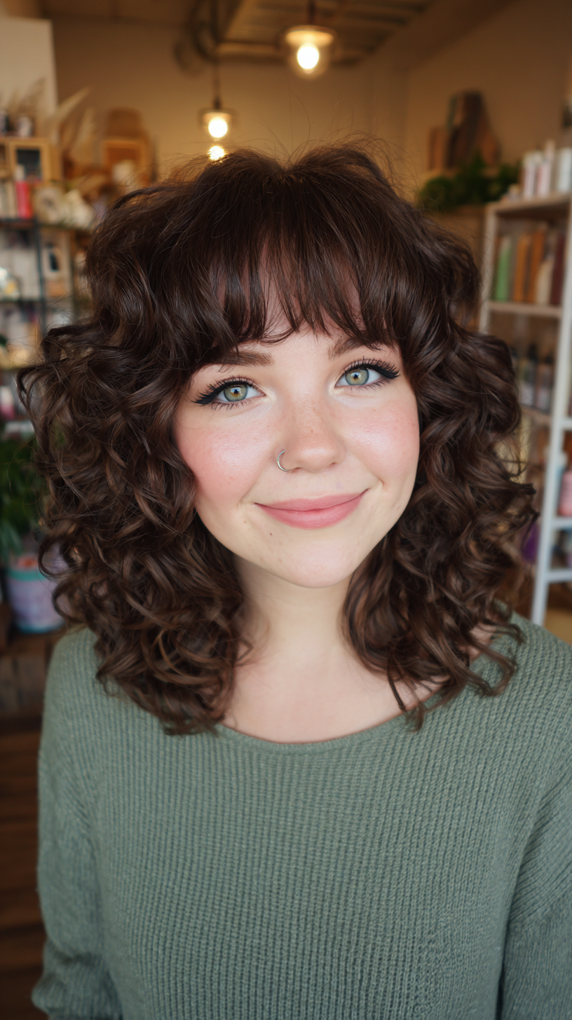 Bouncy Mid-Length Curly Hair with Soft Fringe