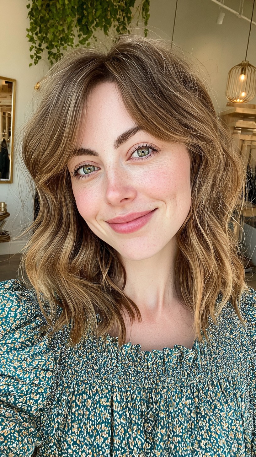Breezy Mid-Length Waves with Soft Curtain Bangs
