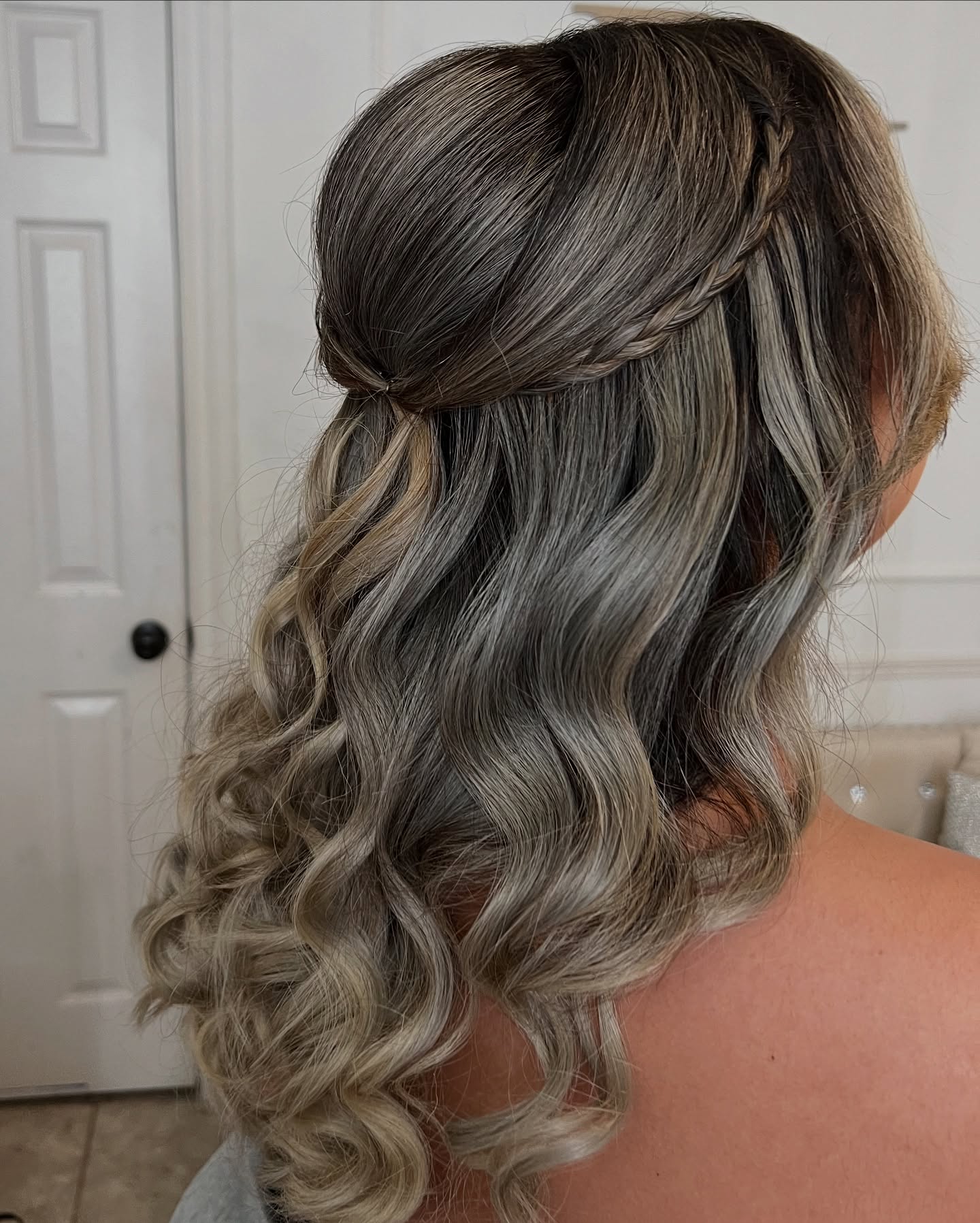 Charming Silver Balayage Waves with Braided Crown
