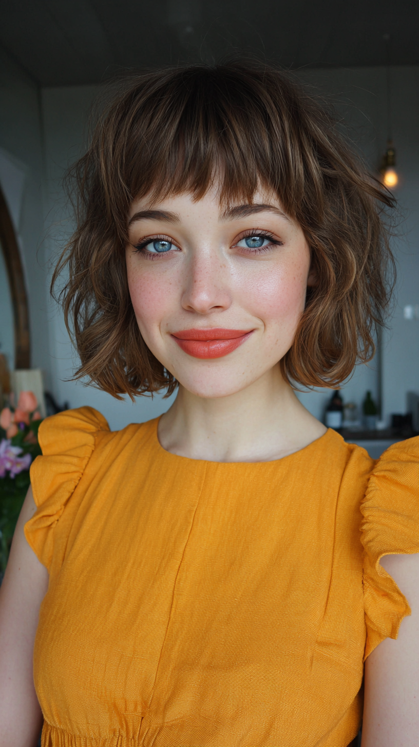 Charming Textured Wavy Wolf Cut with Fluffy Bangs