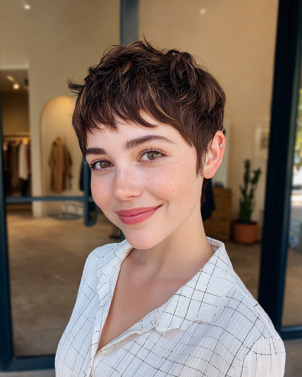 Chic Brown Textured Pixie with Defined Layers