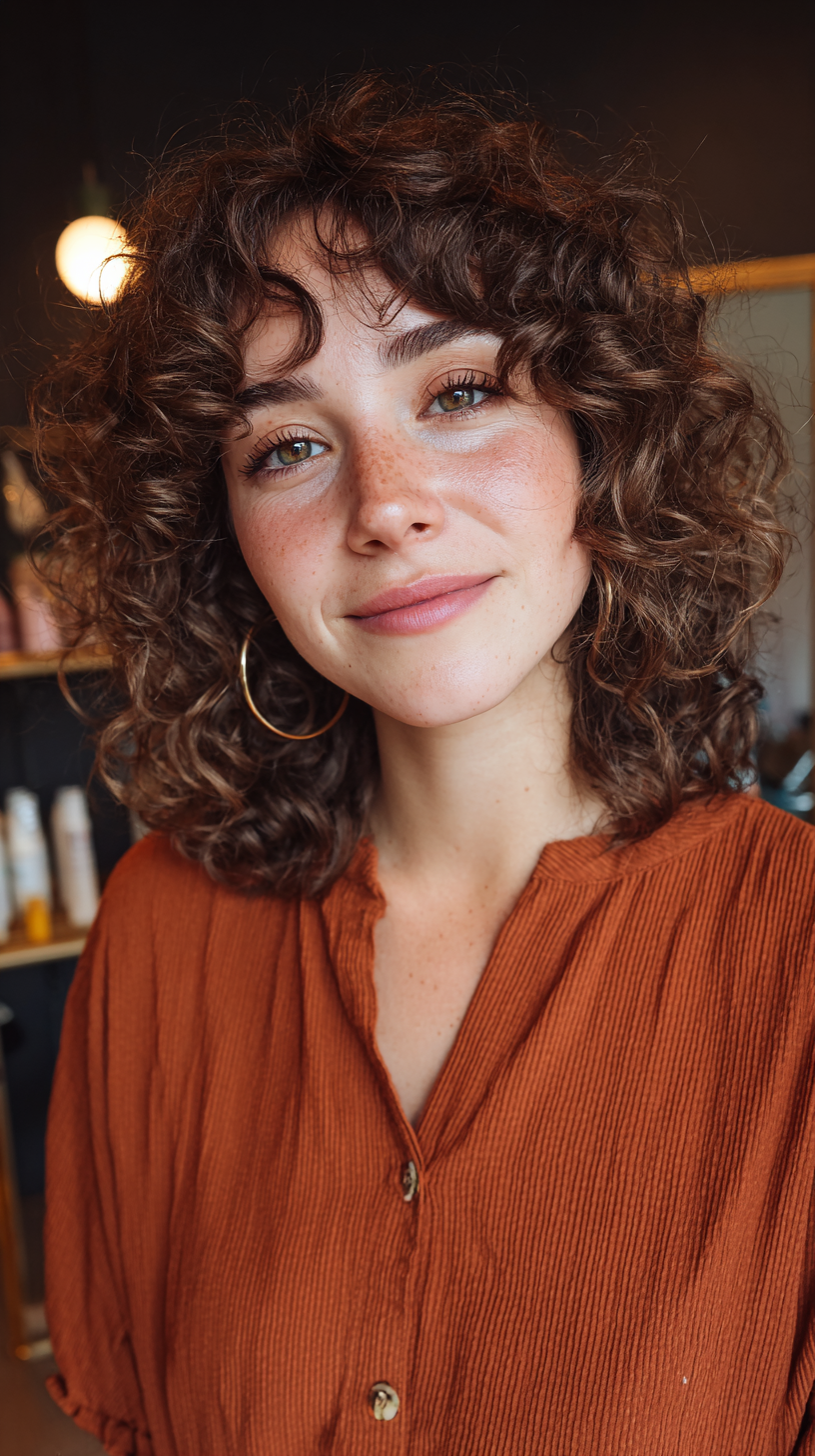 Chic Curly Mid-Length Cut with Soft Curtain Bangs