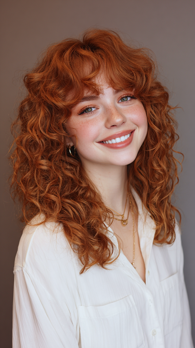 Chic Curly Mid-Length Hair with Soft Curtain Bangs