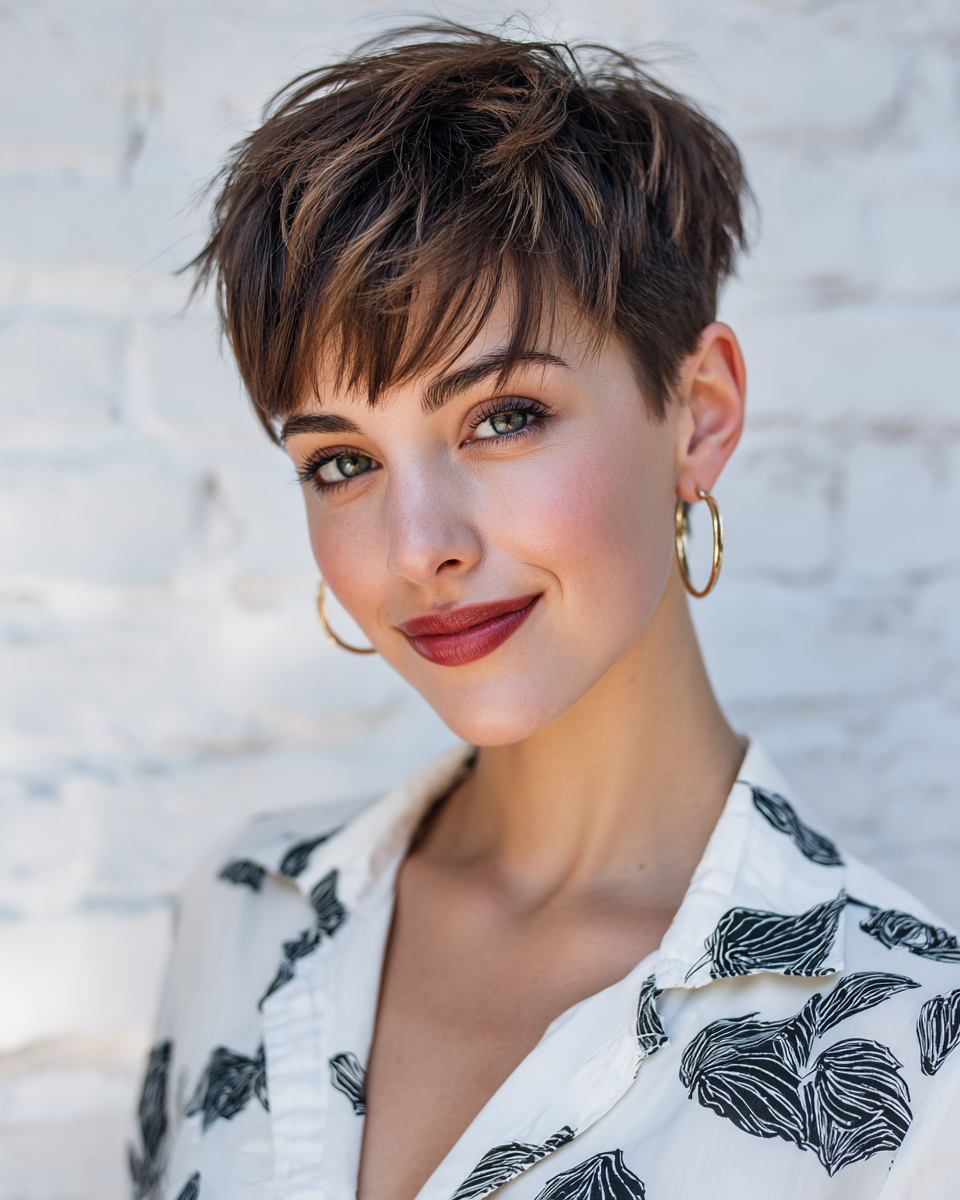 Chic Layered Brown Pixie with Textured Bangs