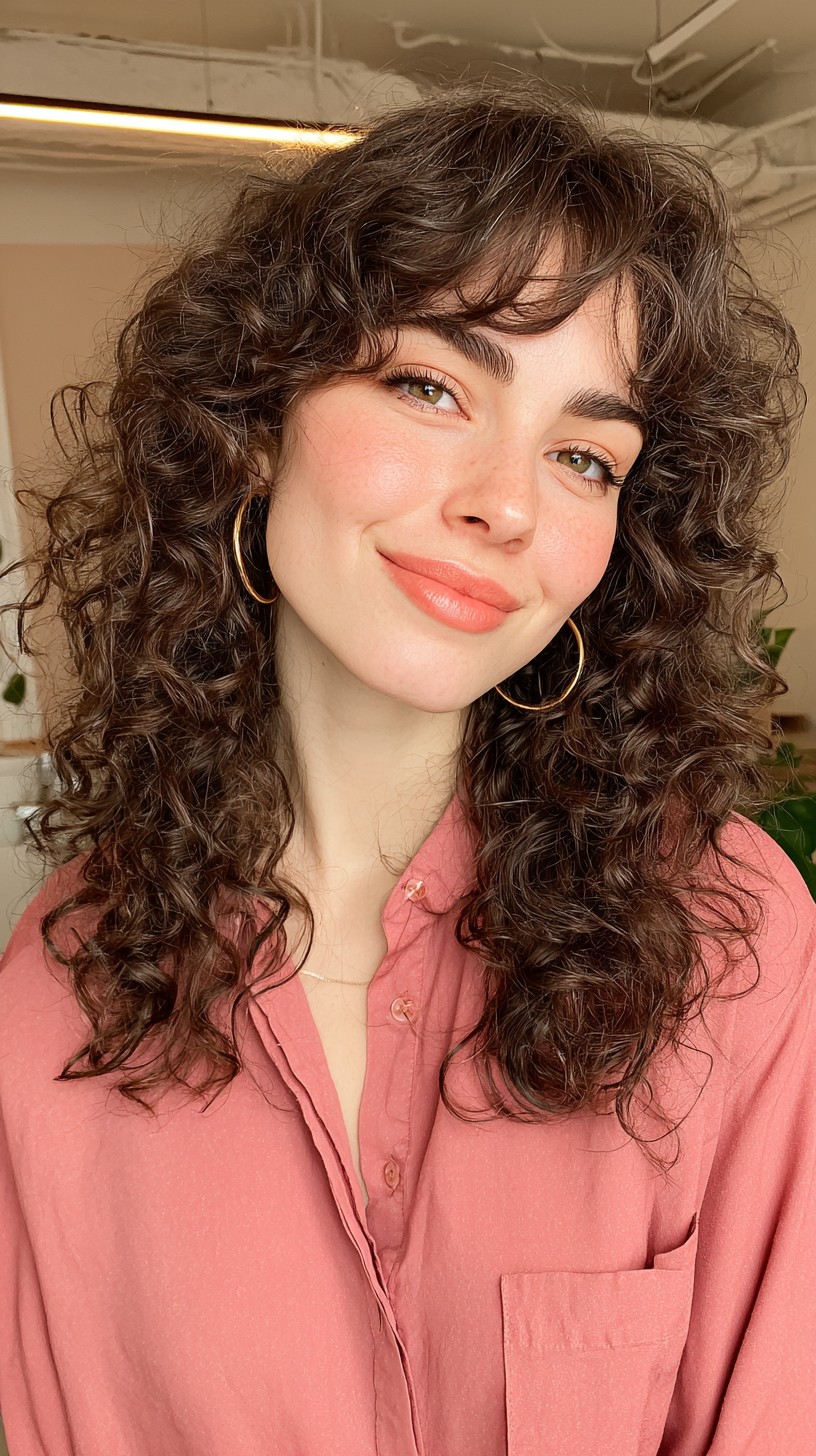 Curly Mid-Length Cut with Voluminous Curtain Bangs